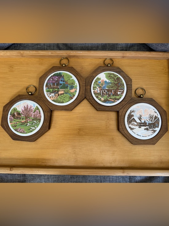 Other - Set of 4 Vintage Currier & Ives Four Seasons Wood Framed Ceramic Wall Decor